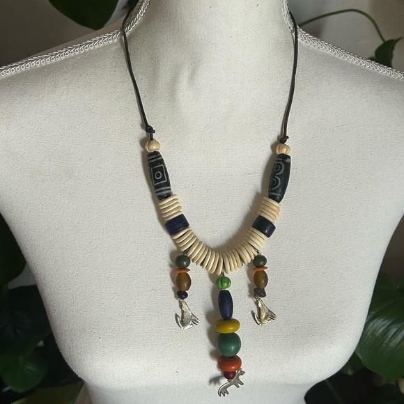 Vintage Jewelry - Vintage Antique Multicolor African Trade Beads Silver Animal Charms Necklace